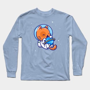 Cute Cat Astronaut Hug Planet In Space Cartoon Long Sleeve T-Shirt